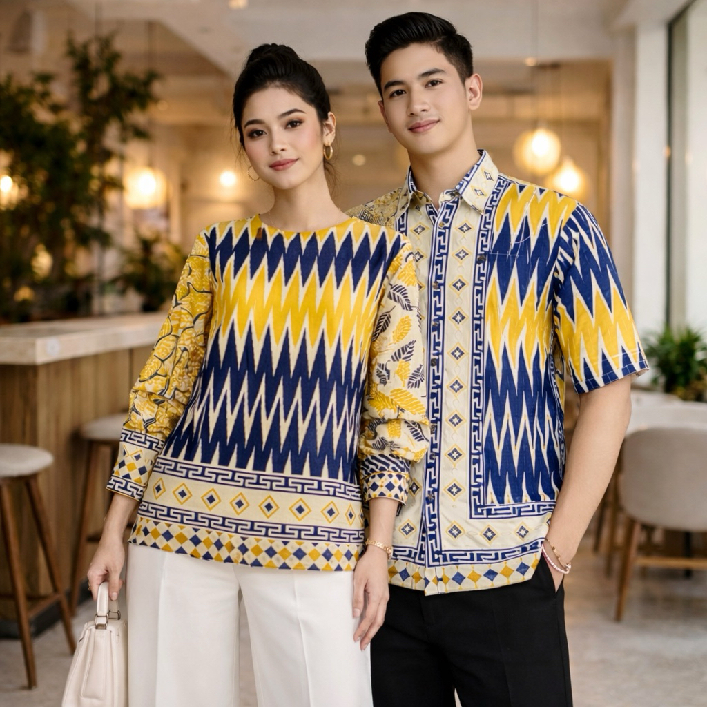 Atasan Batik Kerja Wanita Pria Zigzag Kuning Navy | Batik Kantor Modern Couple Seragam Kantor Bisa C