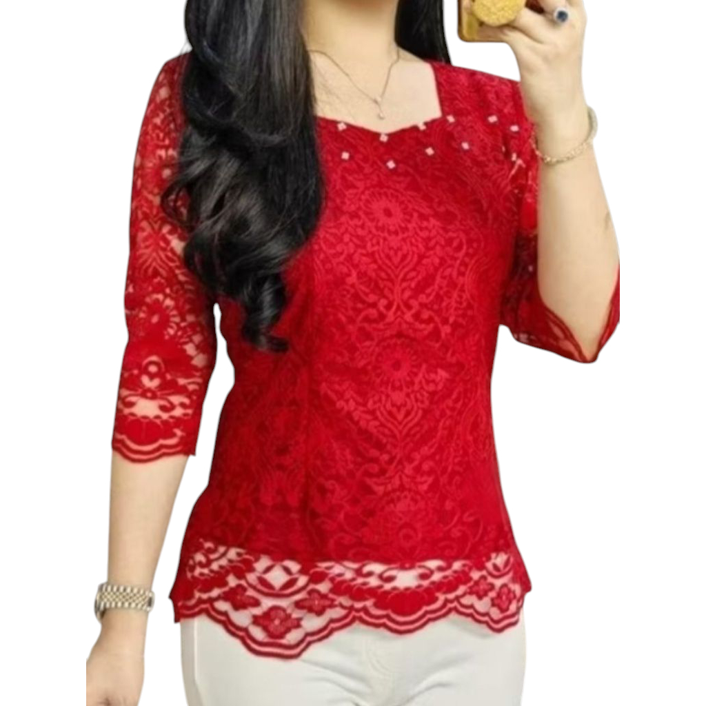 Blus Kebaya Brokat Lengan Lurus Pakaian Wanita Dewasa>Atasan Tradisional>Mewah Cantik dan Elegant