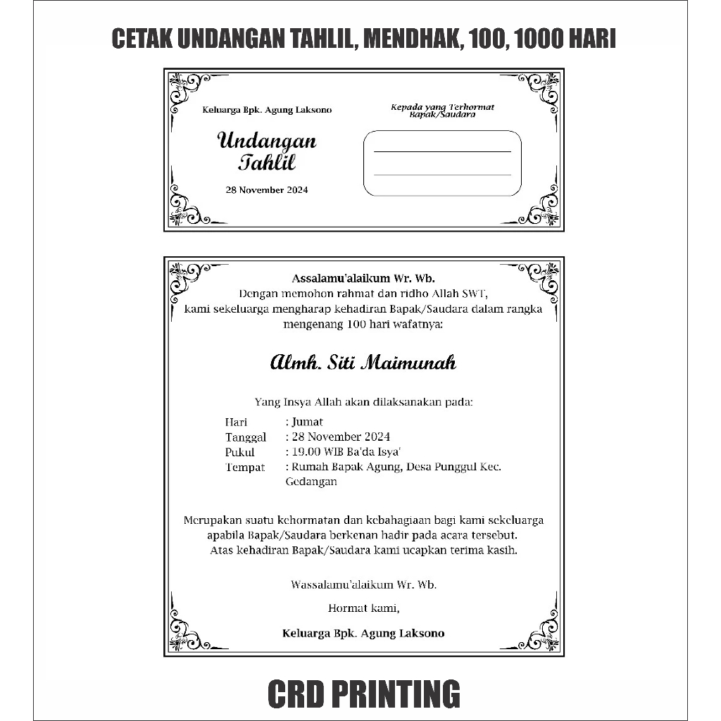 Undangan Hitam Putih Kertas HVS A4 Custom Nama Tanggal Tempat Walimah Kenduri