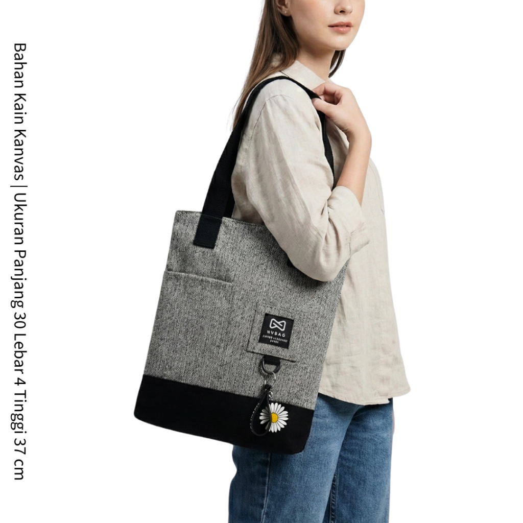 Tas Tote Bag Kanvas Wanita Pria Aesthetic Buat Kuliah Kerja - Tas Bahu Muat Laptop Resleting & Saku