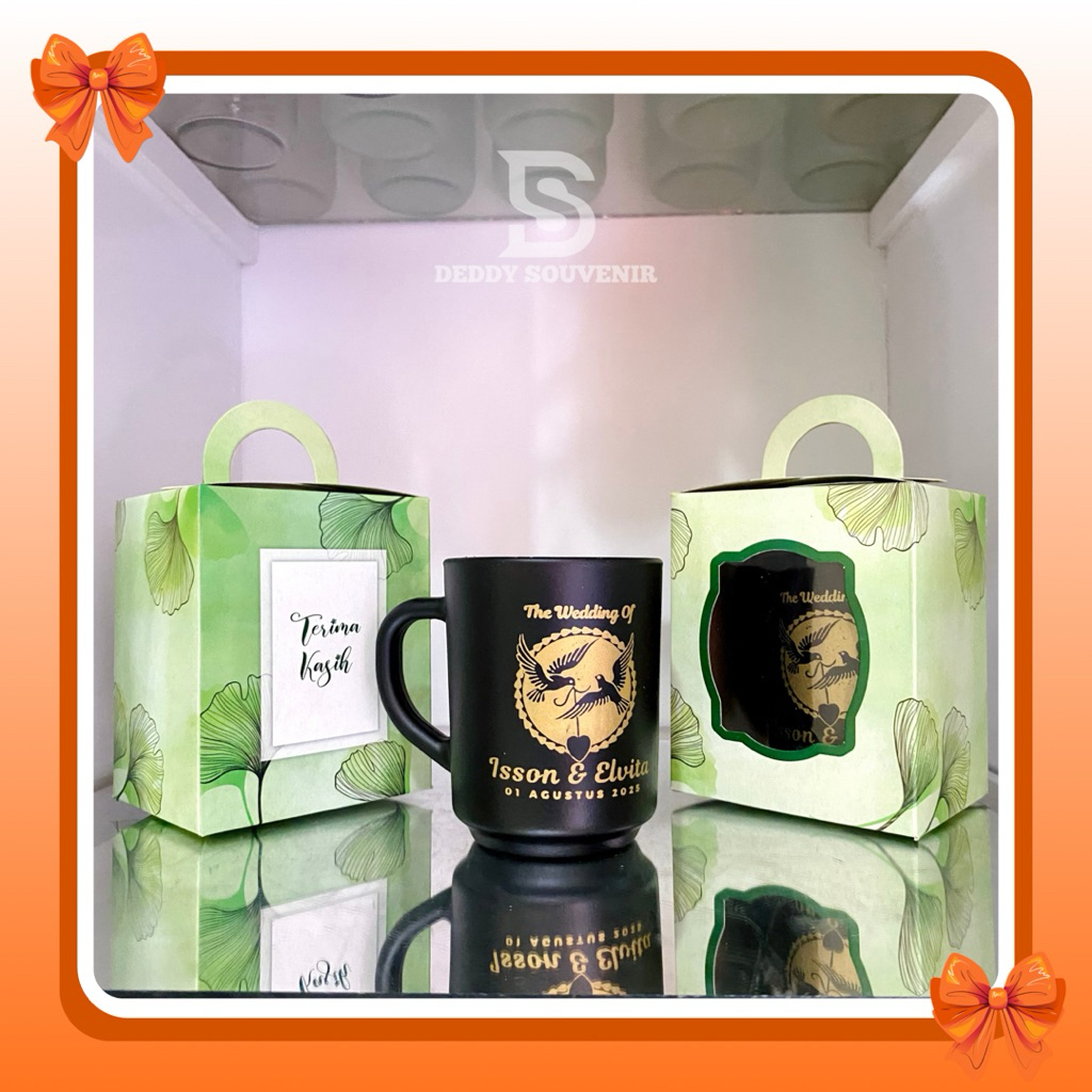 Souvenir Gelas Gagang Hitam Bahan kaca Custom Logo / nama