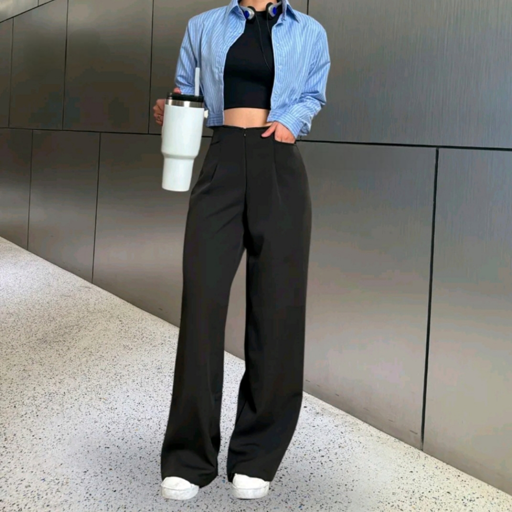 Wispie City Pants | Celana Tidur Panjang Wanita Kantor Kuliah Motif Garis Kulot Pinstripe