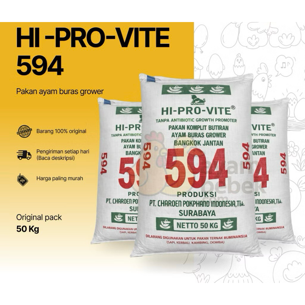 1 SAK 50 KG HI PRO  VITE 594 Crumble | Pakan Ayam Buras / Kampung / Bangkok 594 Grower | REPACK 1 Kg