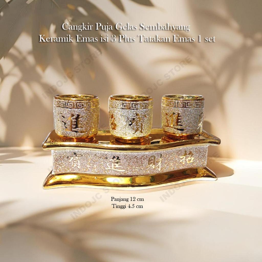 Cangkir Puja Gelas Sembahyang Keramik Emas isi 3 Plus Tatakan Emas Cangkir Puja Gelas Sembahyang Ker