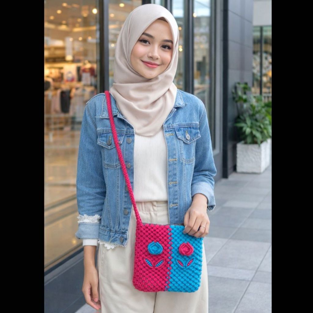 Tas Rajut Selempang Motif Bunga Citrus Slingbag Rajut Bulat Warna Polos Model Terbaru Kekinian Untuk