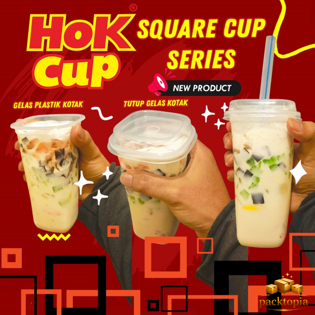 Gelas Plastik Square Cup 8 oz / 12oz / 16oz / 22 oz Bening + Tutup
