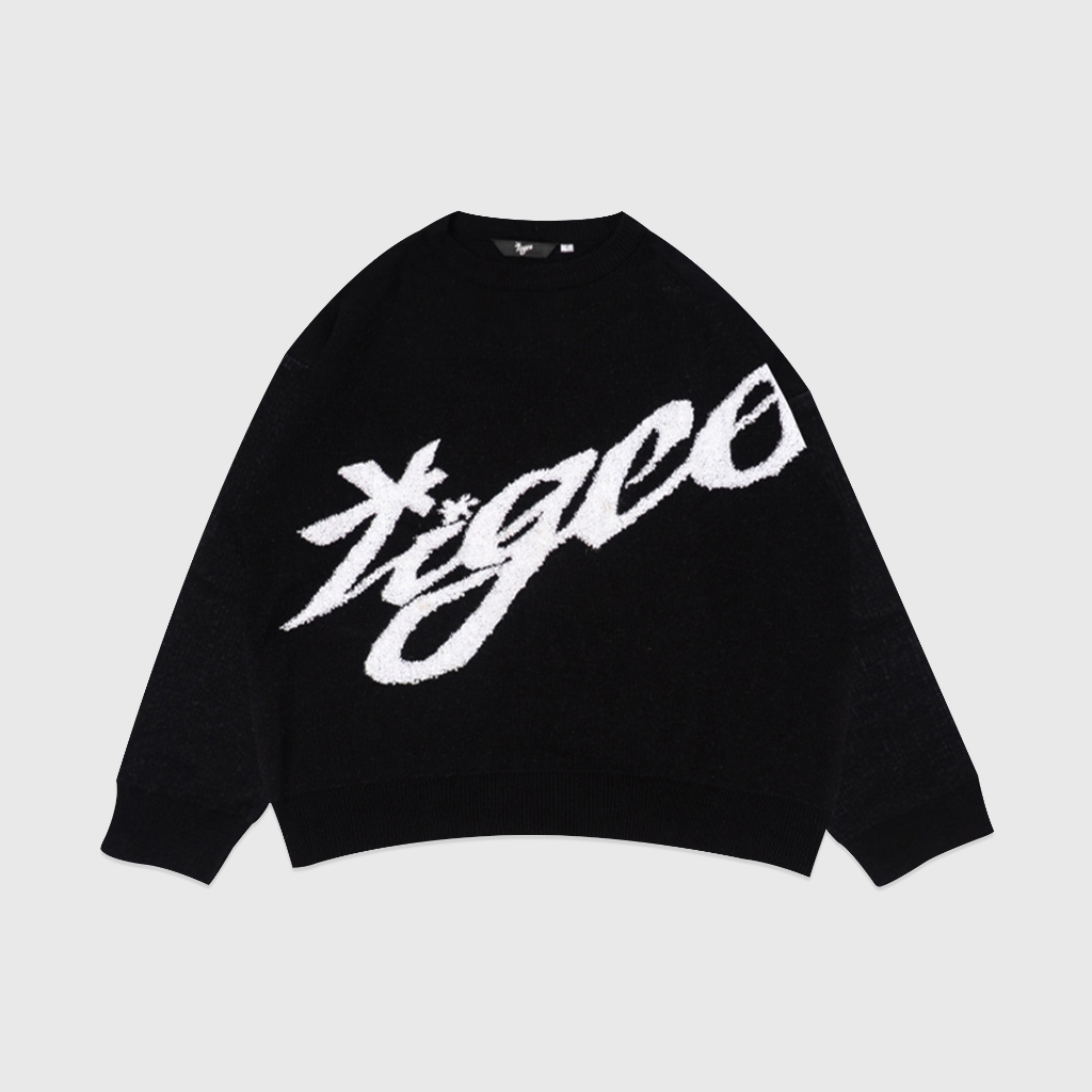Figco - Knitted Boxy Oversized Crewneck 3D Knitwear Sweatshirt Ingens Black