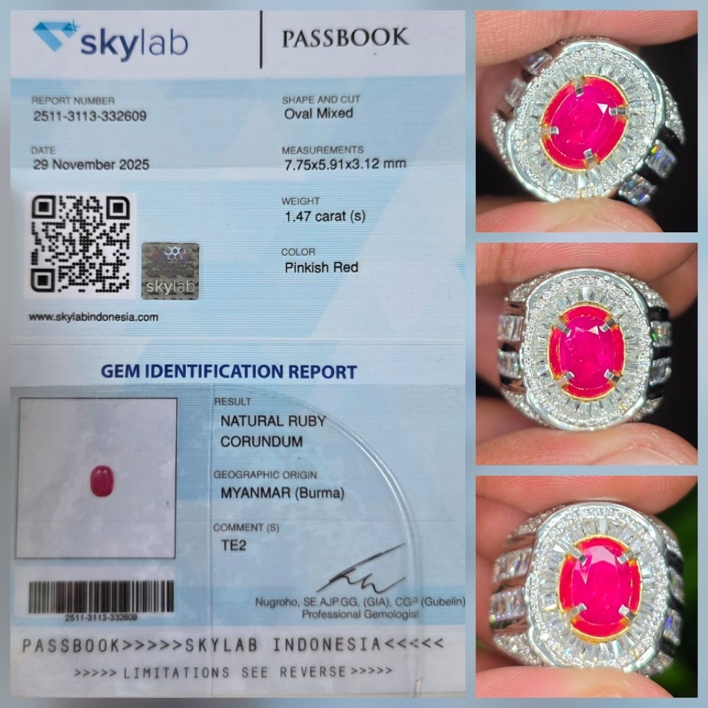 Batu Natural Pinkish Red Ruby Burma Myanmar Sertifikat 1.47 crt