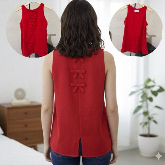 CNY Snidel Sleeveless Red Top With Ribbon Blouse Ucansee Yukensi Merah Imlek Simple Atasan Wanita Ta