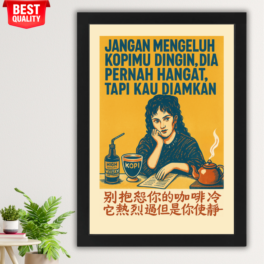 Poster Kopi Vintage Retro Frame A2 - Dekorasi Kedai Kopi Cafe Bingkai Kayu Premium