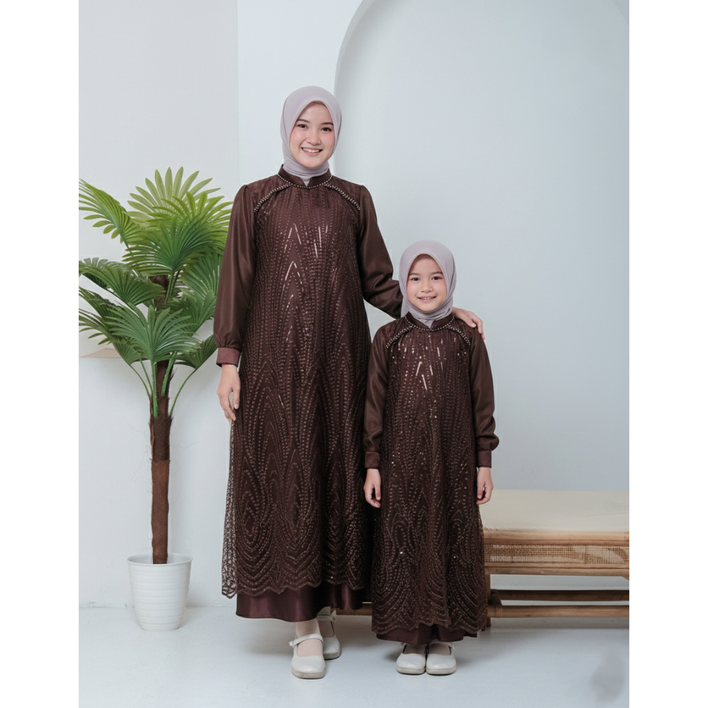 Gamis Pesta Pernikahan Couple Anak Mewah Elegan Gamis Brukat Aksen Payet Cantik Gamis Kondangan Rema