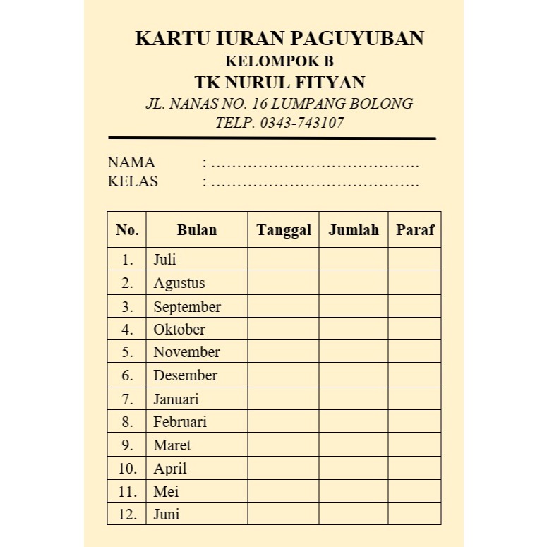 Cetak Kartu Infaq & Iuran Bulanan Custom | Kas RT RW SPP Sampah Air Listrik Full Color