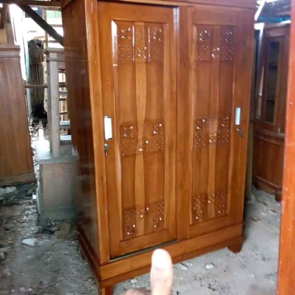 lemari sliding pintu 2 kayu jati