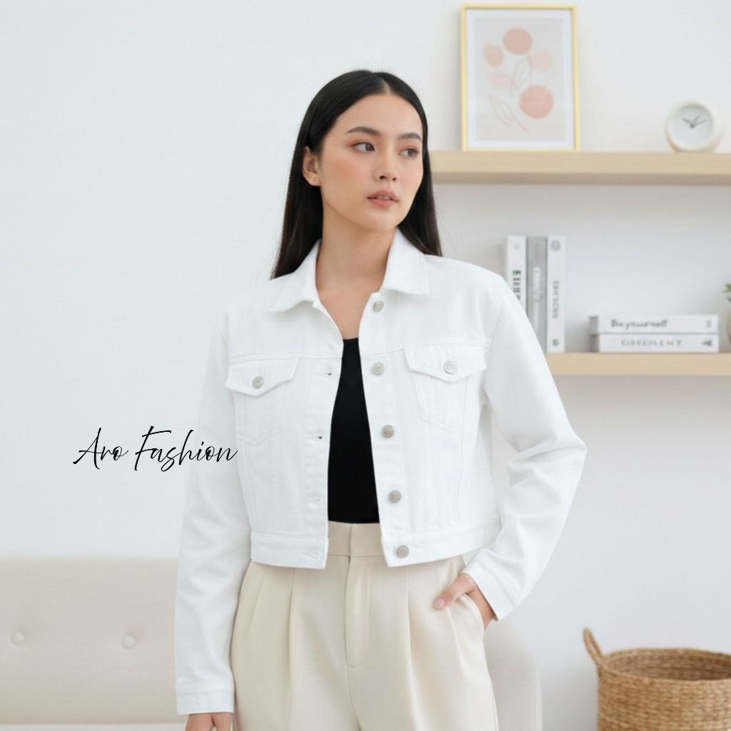 Jacket Jeans Crop Wanita Lengan Panjang Kancing Besi Kira | Off-White Denim Outer Bahan Jeans Kekini