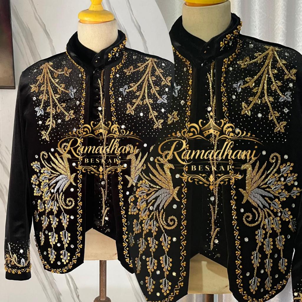 Beskap Bludru Hitam Motif Merak Modern II Beskap Jawa II Beskap Pengantin Modern
