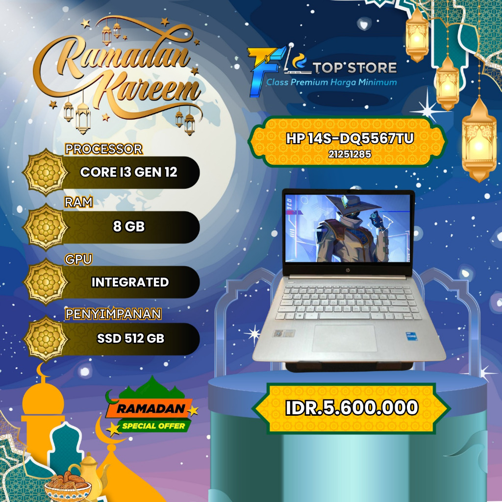 LAPTOP HP 14S-DQ5567TU CORE I3 GEN 12TH SSD 512/8GB LIKE NEW-GARANSI RESMI AGUSTUS 2027