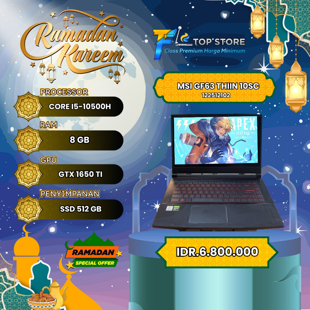 LAPTOP MSI GF63 THIN INTEL CORE I5 10500H SSD 512/8 GB/GTX 1650 TI