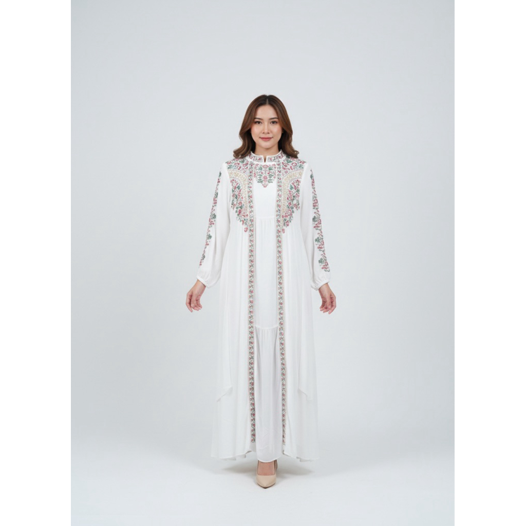 Gamis Bordir Premium Wanita Muslimah – Dress Putih Elegan Full Bordir Depan