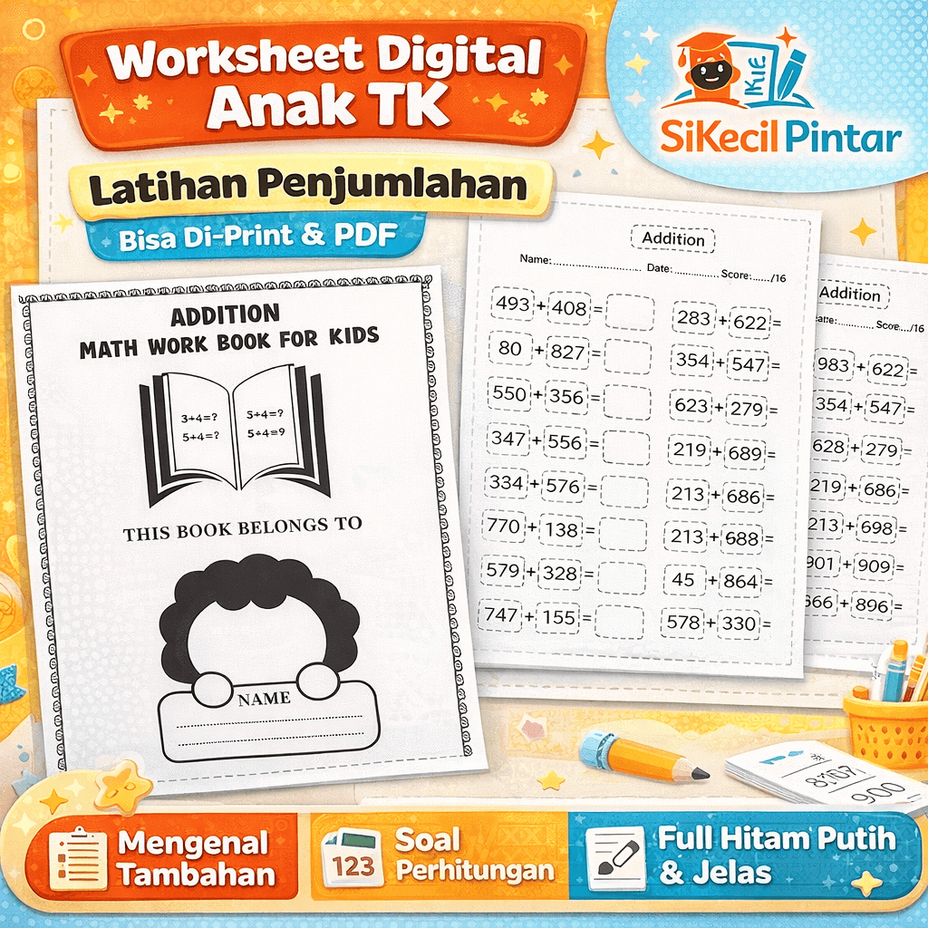 Worksheet Digital Anak TK – Latihan Penjumlahan | PDF Printable Hitam Putih