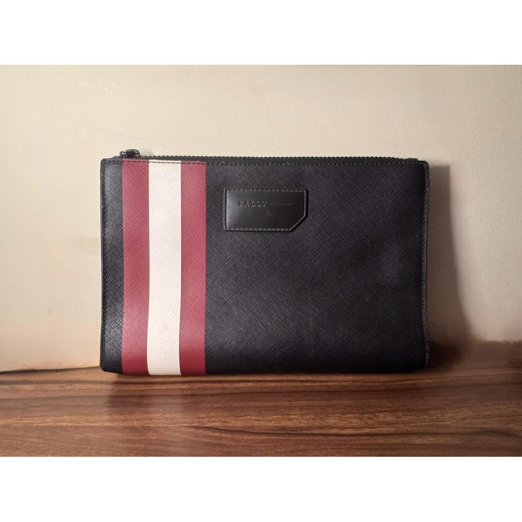 Bally Black Skid Coated Canvas Clutch Bag in Stripe Pouch Red