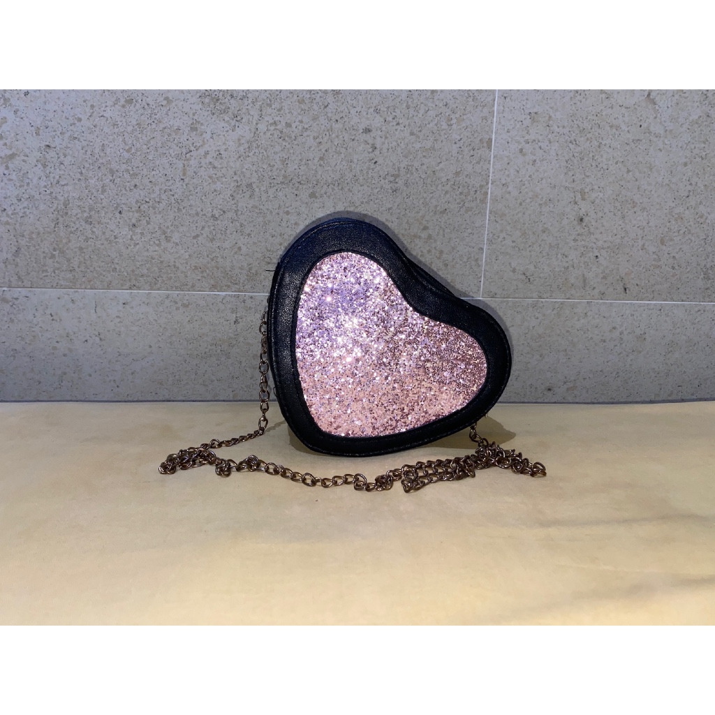 tas Hati anak remaja full kulit leather manic bling hitam pink preloved