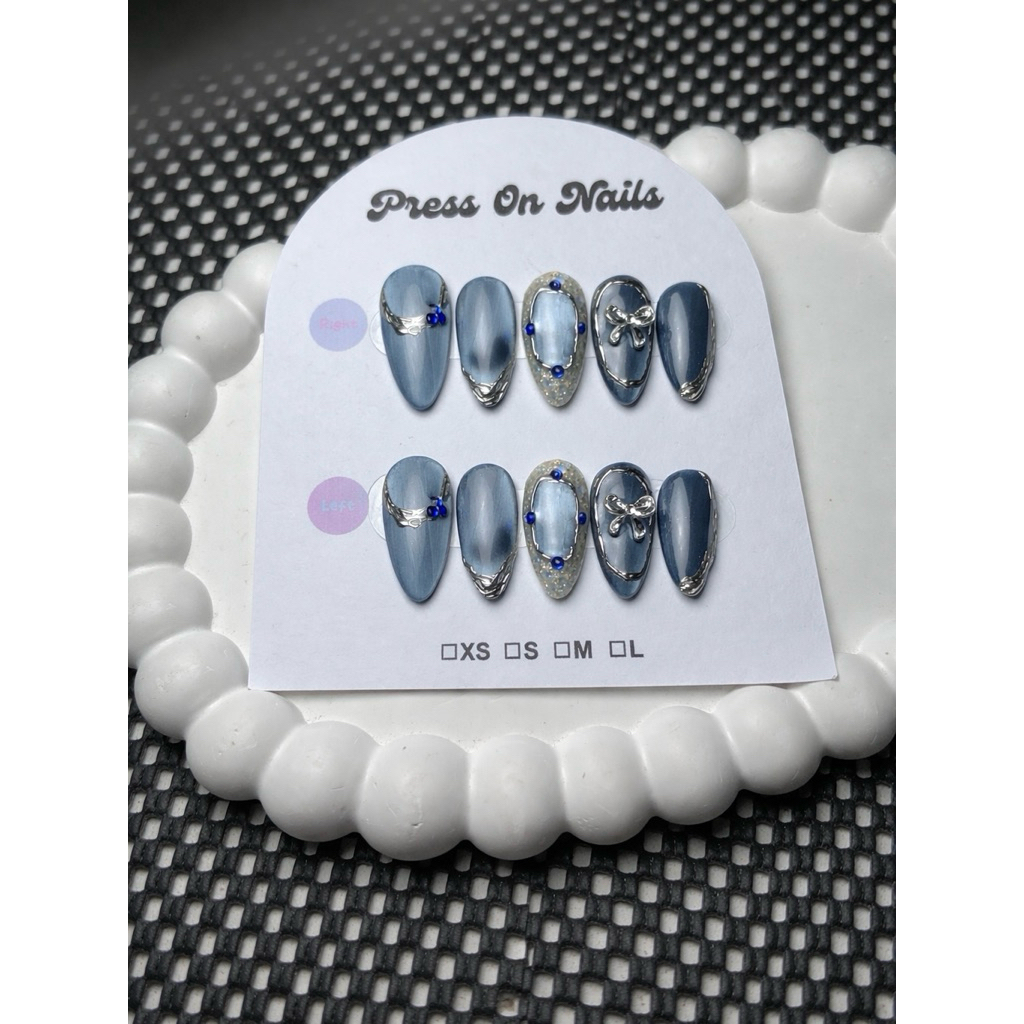 Press on nail cat eye biru jeans/ Kuku palsu premium Nail art wedding free lem