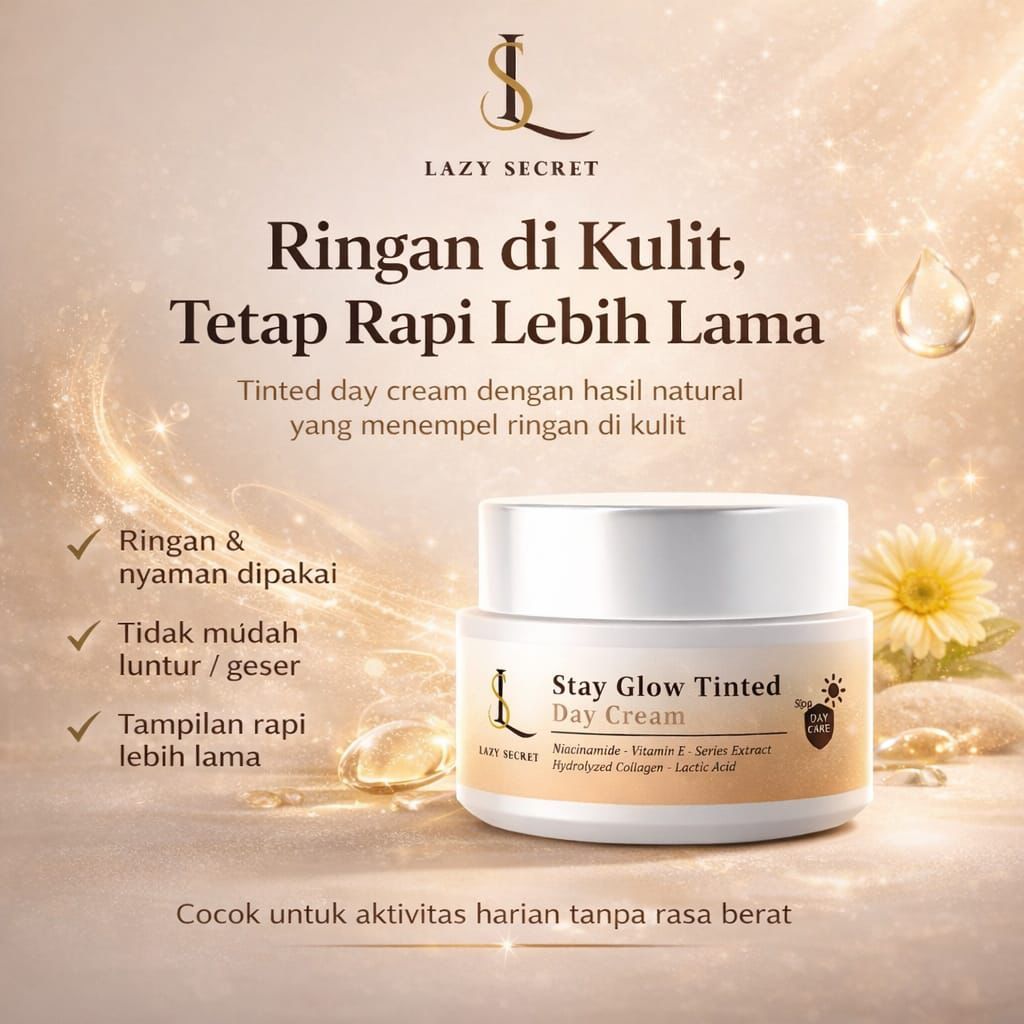 LAZY SECRET Bedak Anti Flek Krim Siang Stay Glow Bantu Samarkan Flek Cerahkan Wajah Kusam Kulit Cera