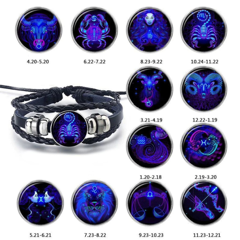 (COD) Gelang Zodiak 3D Glow In The Dark Tali Hitam Polos Aksesoris Fashion Pria Wanita Cewek Cowok
