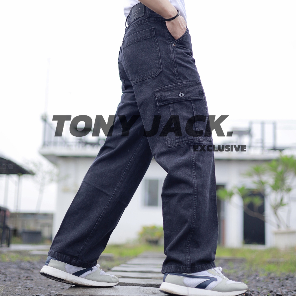 Tony Jack Cargo Pants Rugged Black - Celana Cargo Loose Jeans Pria Baggy Fit