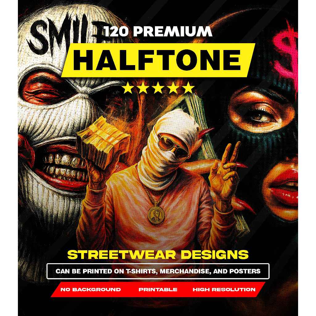 120 Desain Kaos Streetwear Halftone PNG High Detail – Streetwear Kaos Hitam – Siap Produksi DTF DTG 