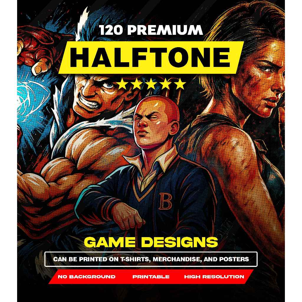 120 Desain Kaos Tema Game Halftone PNG High Detail – Streetwear Kaos Hitam – Siap Produksi DTF DTG –