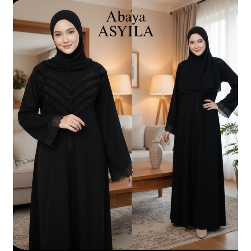 Asyila Abaya perpaduan Renda dan mata hitam di bagian lengan dan tangan.