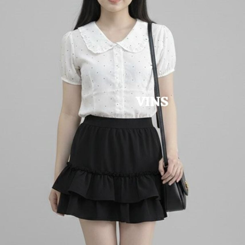 VINEST - Polka Top - Kemeja Wanita Fitted Lengan Pendek Korea Style - Atasan Crop Top cewek - Slimfi