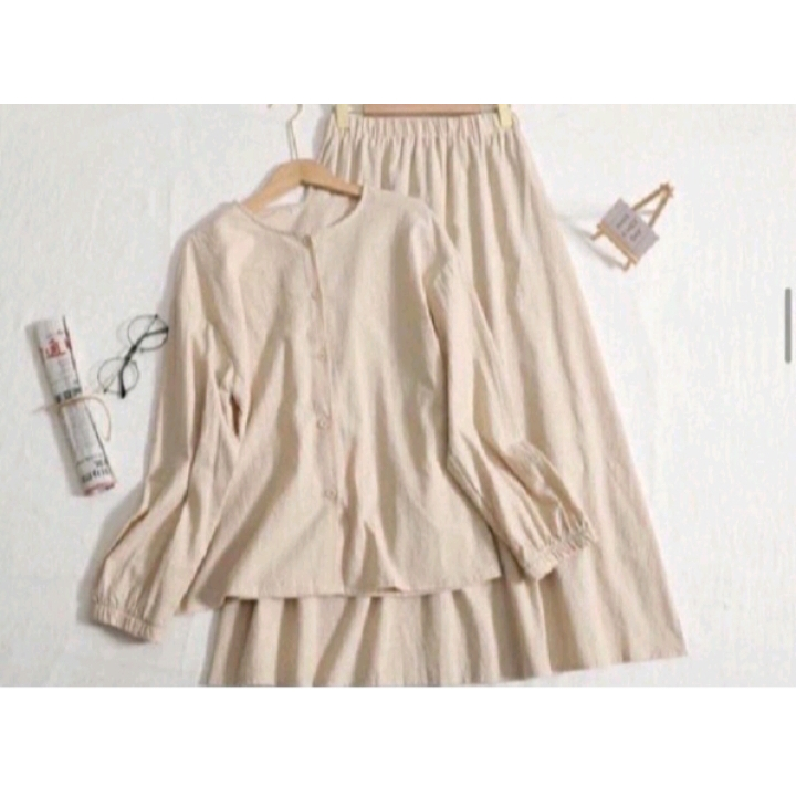 Amanda blus Set (One Set blouse Skirt Melayu Bahan Katun Linen Crinkle Anti UV) Rok Blouse Jumbo Kat