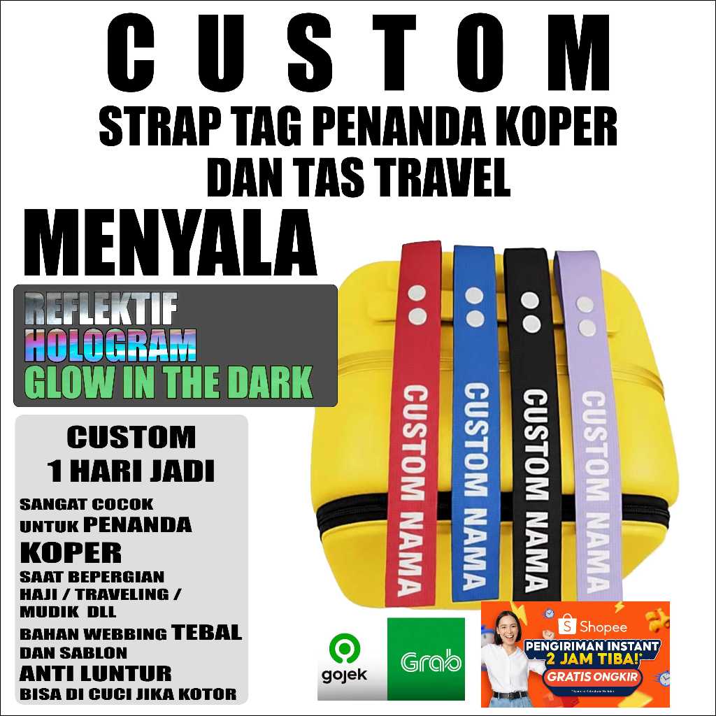 Tag Nama Koper Tas Travel Custom Awet Kuat custom Nama Menyala Reflektif Hologram Glow inthe dark