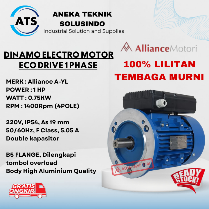 ALLIANCE  Dinamo 1 phase 1 hp 0.75kw B5 220V/ 100% Lilitan tembaga murni /Dinamo 1 phase/Dinamo Alli