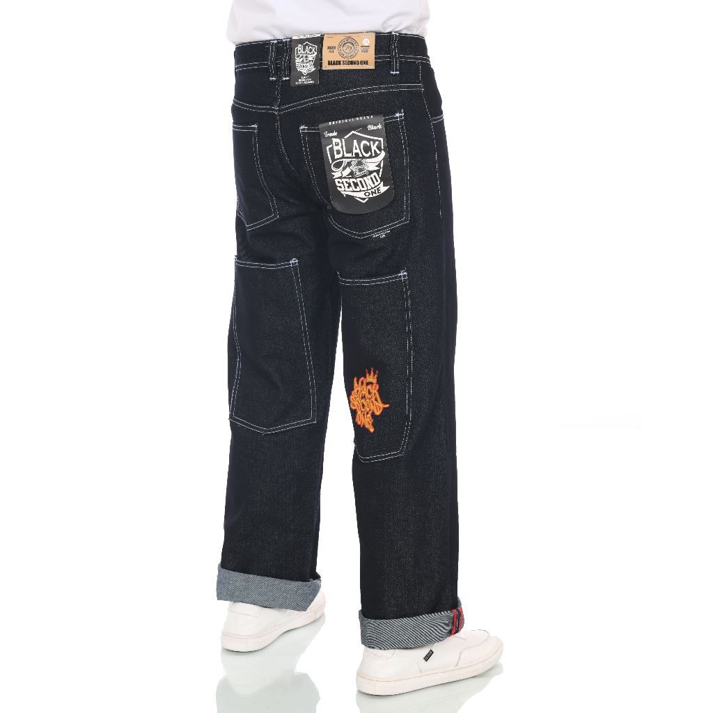 Y2K Denim Big Pocket Jeans Baggy Skena Gombrong 4 Kantong Bordir Selvedge Polos Black Jazz