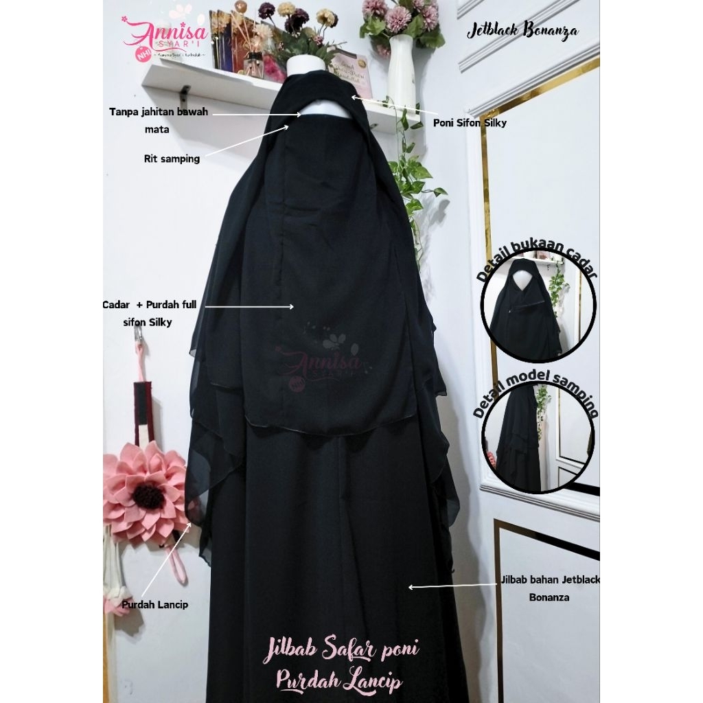 [BISA COD] JILBAB SAFAR PONI PURDAH LANCIP | Jilbab safar jetblack Bonanza by Annisa syar'i NHI