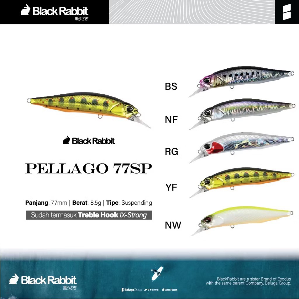 Pellago 77SP Suspending Lure Minnow Umpan Casting Black Rabbit