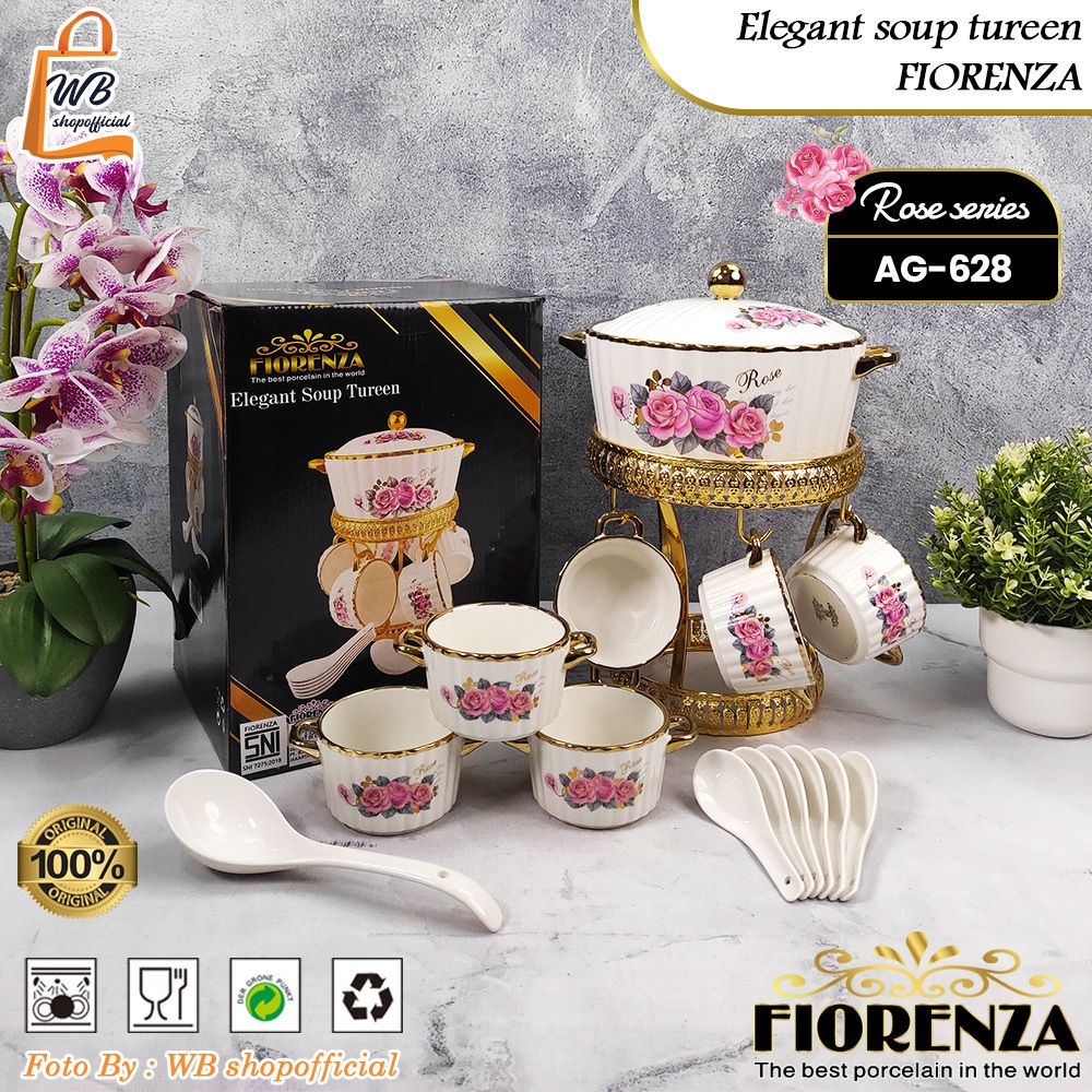 FIORENZA Mangkok Set Sop Keramik Motif Rose Gold  AG-628 / soup tureen keramik + sendok + mangkuk es