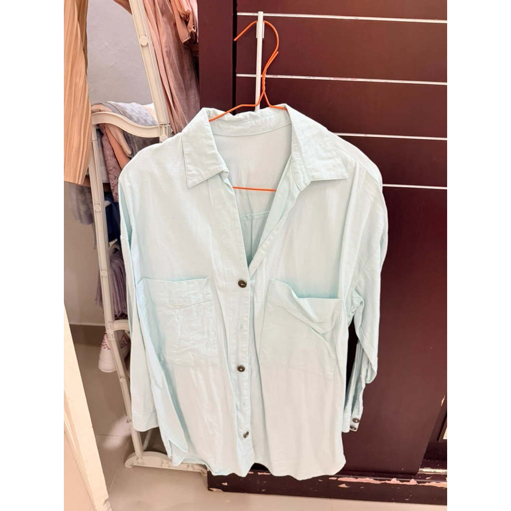 Kemeja Katun Denim Baju Wanita Blouse Mint Hijau