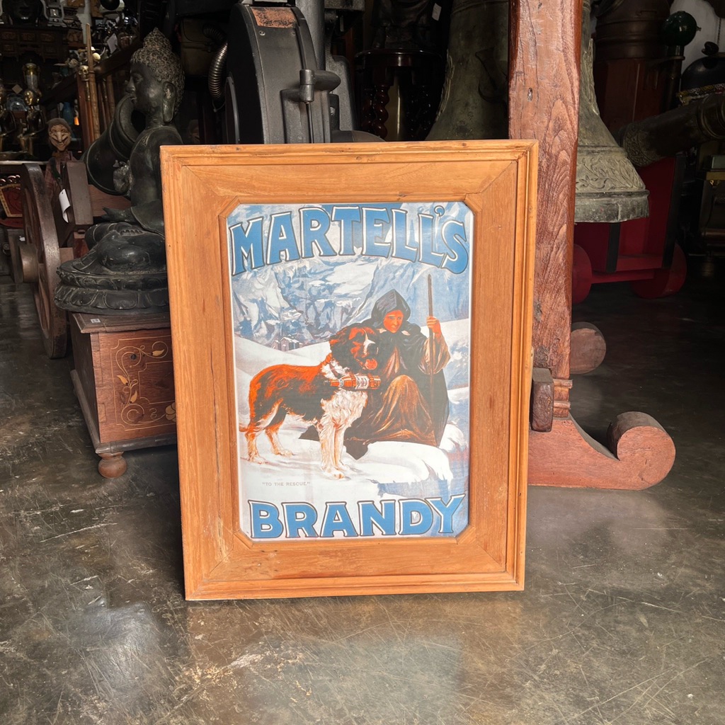 Enamel Papan Iklan Martell's dengan Frame Kayu Lawas Jadul Tua