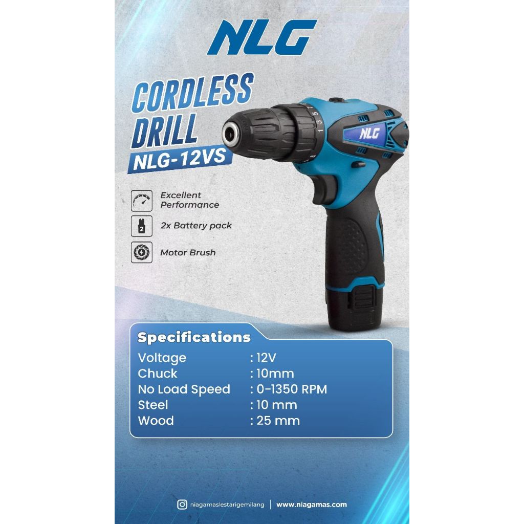 Cordless Bor 10mm NLG-12VS SET + ACC Koper Bor Kayu 10mm Bor Baterai 12VOLT