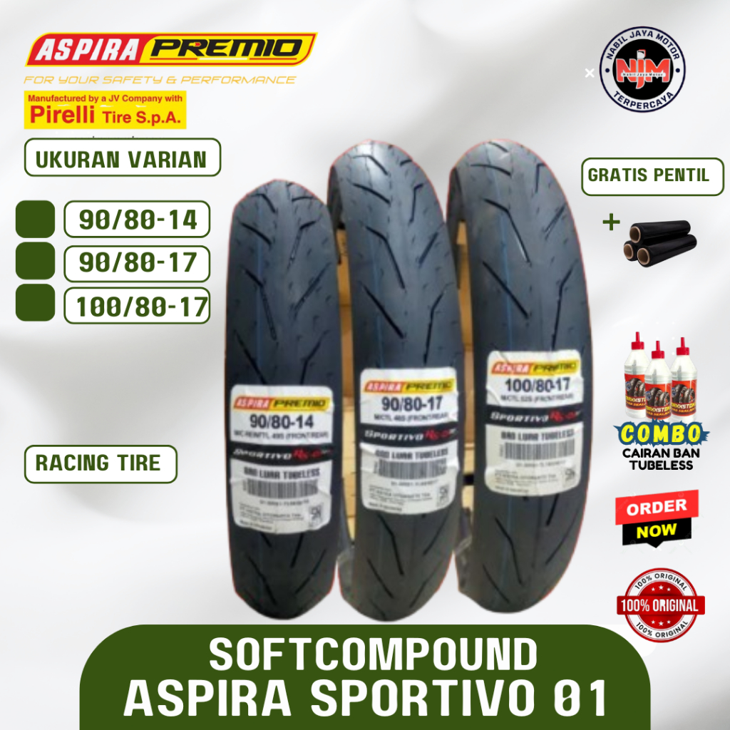 Ban Aspira Premio Sportivo RS01 ( 90/80-14 - 90/80-17 - 100/80-17 )TUBELESS Soft Compound Ring 14 Ri