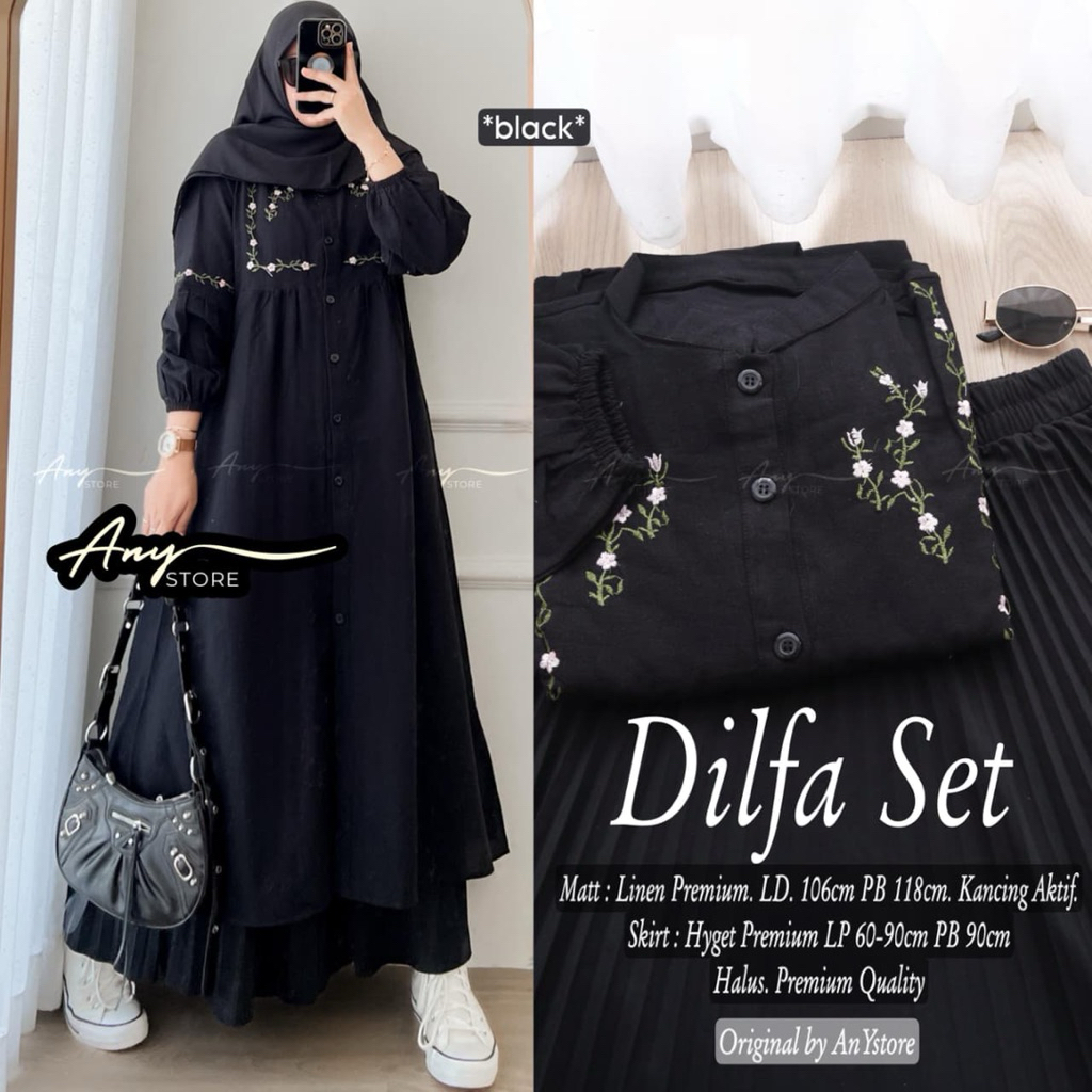 Ready Dilfa OneSet Tunik dan Rok Bahan Linen dan Plisket Premium Motif Bunga Adem
