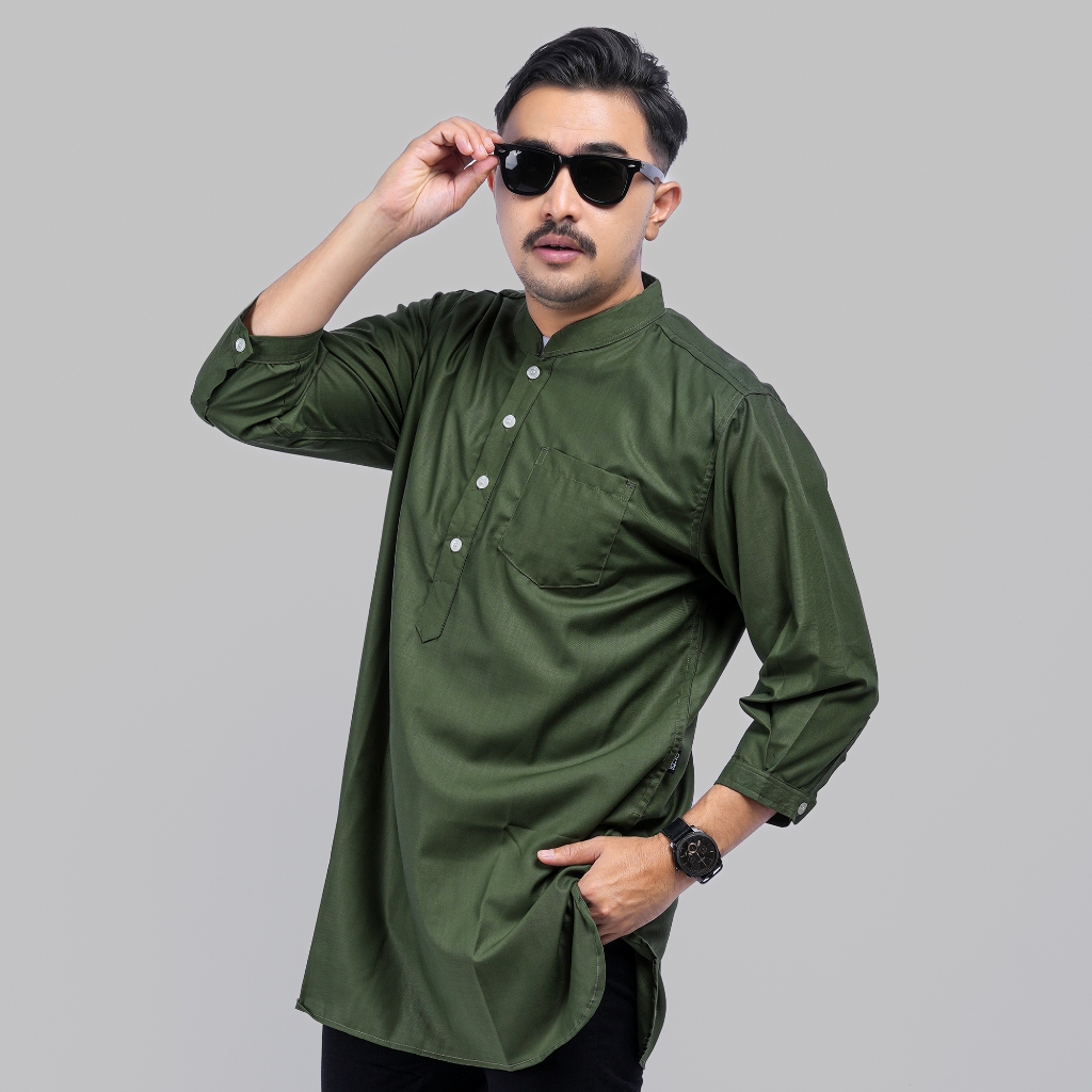 PAKAJI Baju Koko Pria kurta Toyobo Lengan 3/4 Polos Hijau Botol 1658