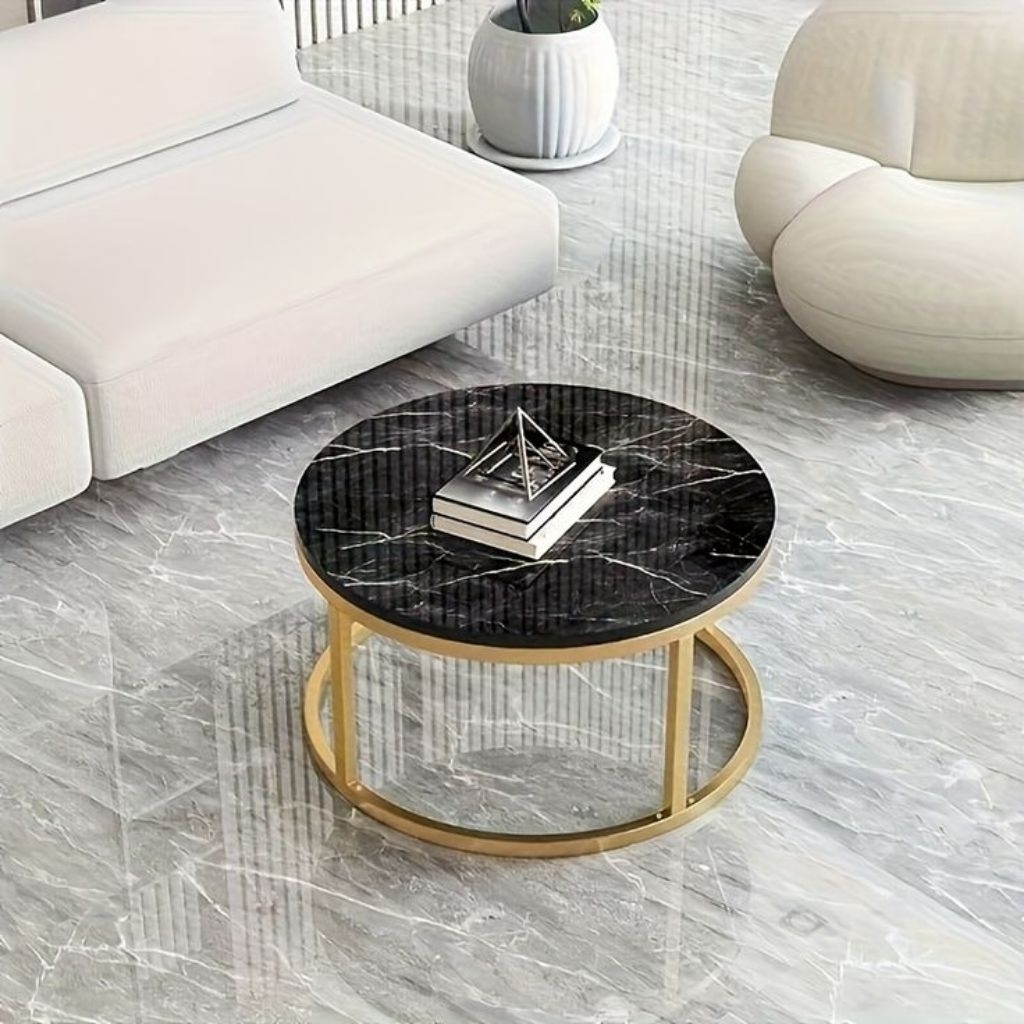 MEJA KOPI / MEJA TAMU TOP MARMER HITAM NERO MARQUINA KAKI BESI