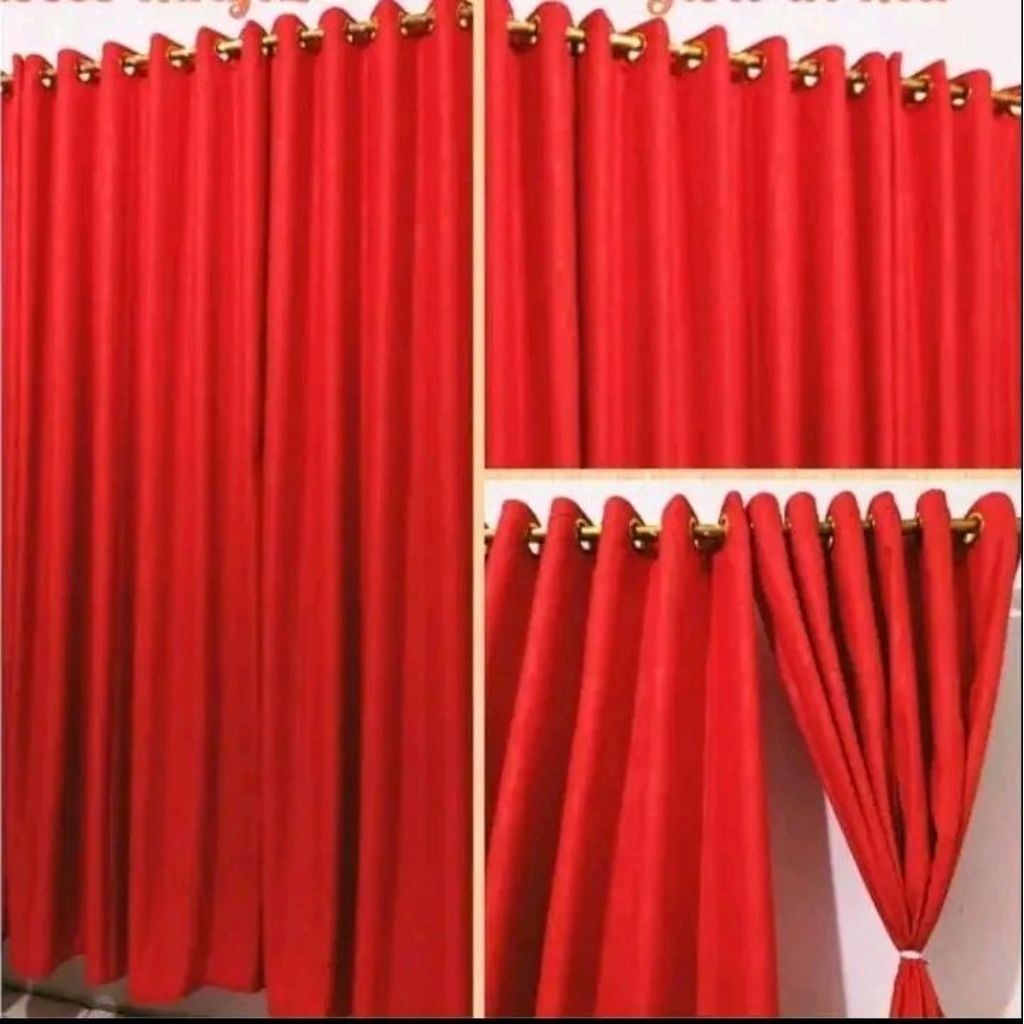 Gorden motif polos embos merah cabe smokering 10 ring L 120 cm X P 220 cm untuk jendela dan pintu