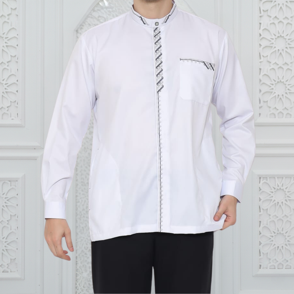 Baju Koko Pria Lengan Panjang Putih Toyobo Bahan Adem & Lembut Bordir Simpel Muslim Dewasa M L XL XX