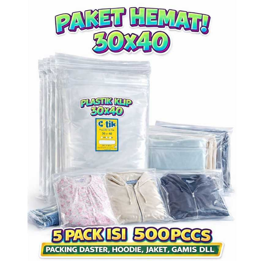Plastik Klip Clip Ziplock 500 Pcs 30x40 Plastik Bening Transparan Zip Pengunci Tebal Bahan PE